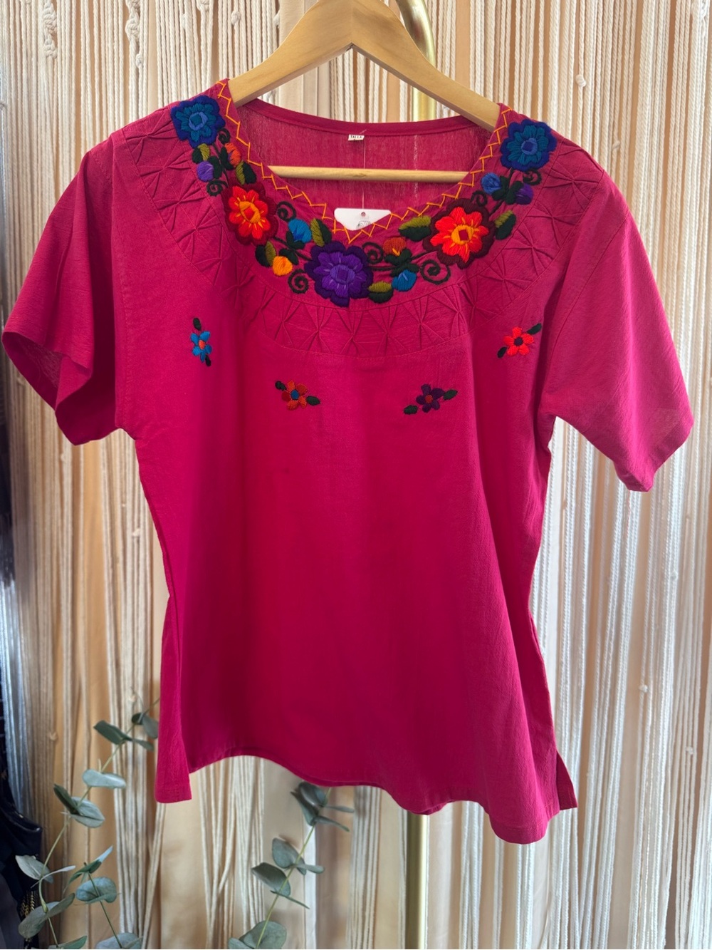 Authentic Guatemalan Hand-Embroidered Huipil Blouse Pink Floral Boho Top L